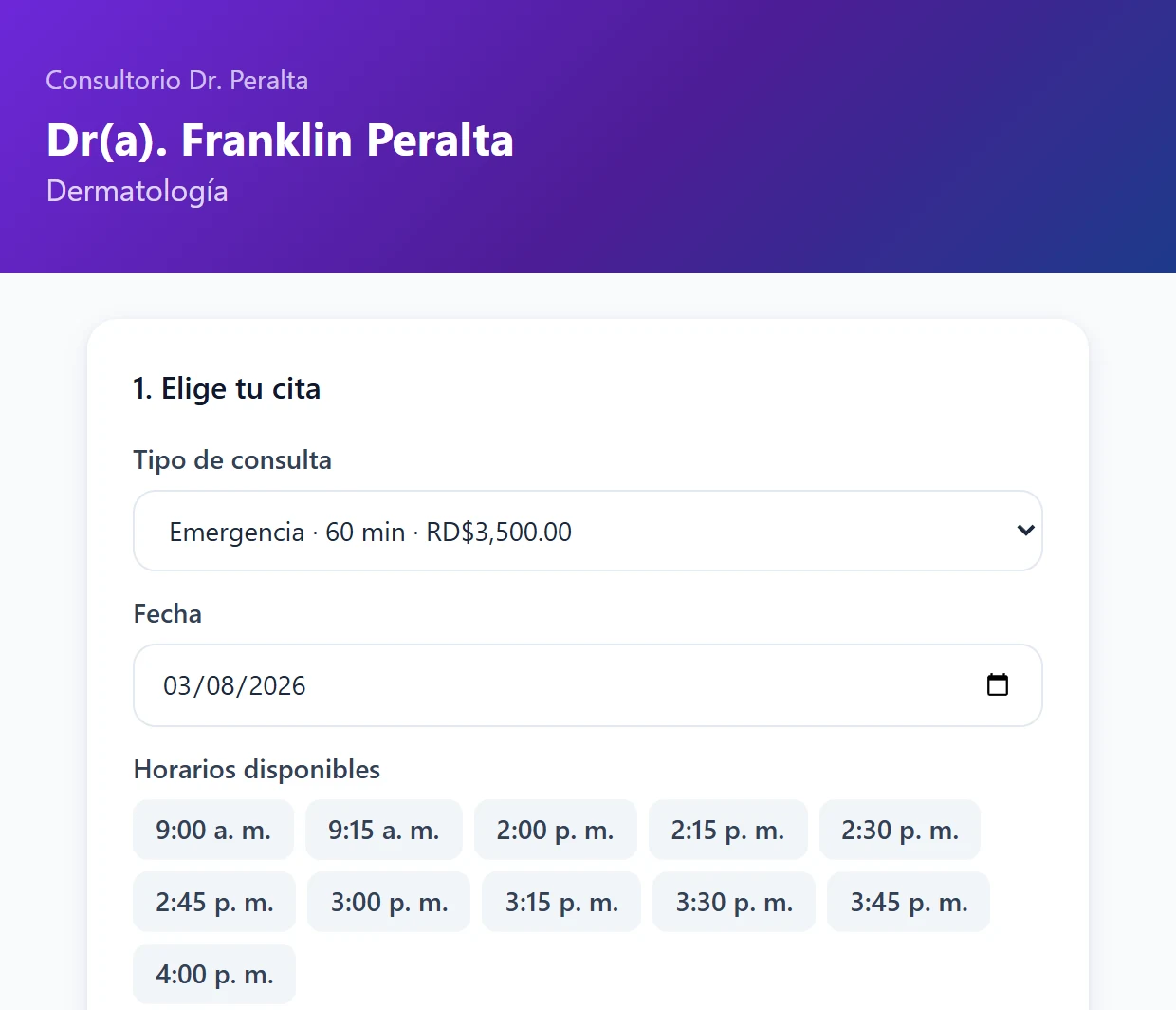 La página pública de reservas de un consultorio con los horarios disponibles